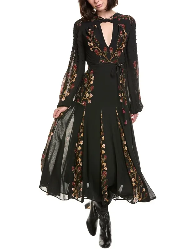 Berry Garden Long Sleeve Pleated Maxi Dress