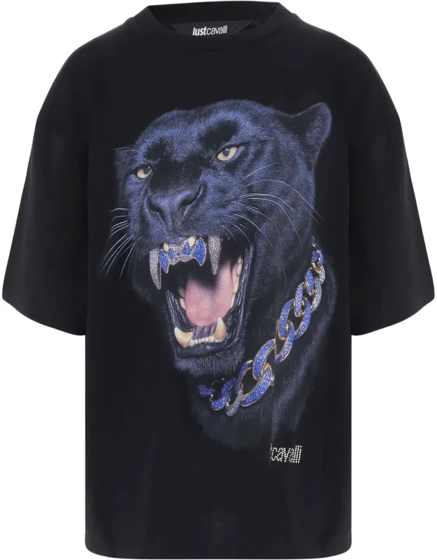Cotton T-shirt With Bold Panther Graphic And Rhinestone Detail