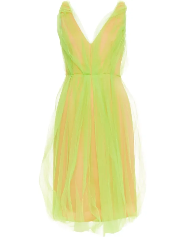 Neon Technical Tulle Overlay V-neck Dress
