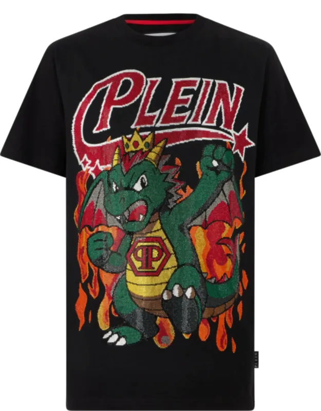 Round Neck T-shirt With Rhinestoned Dragon Stones Pattern