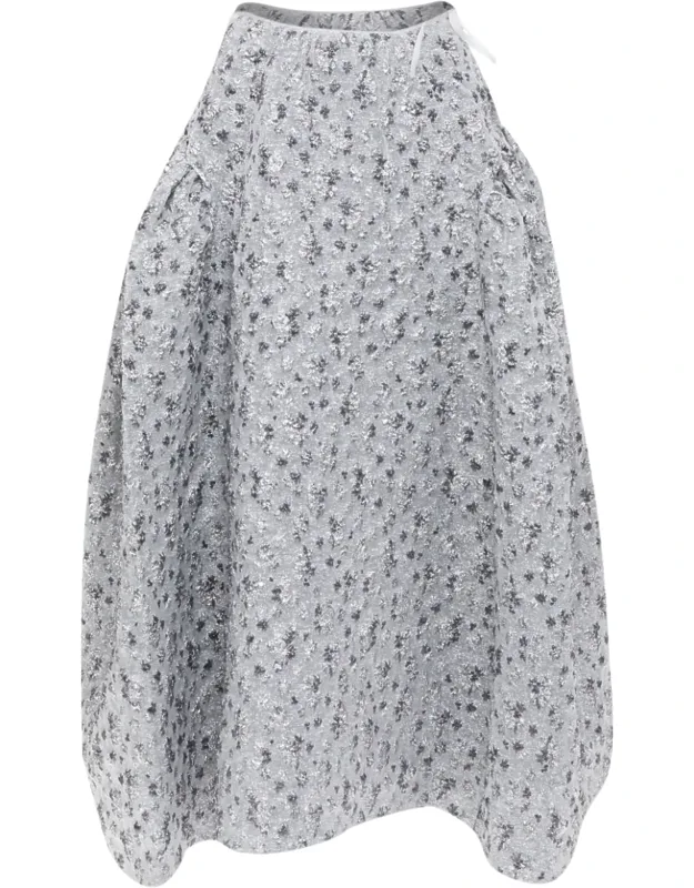 Silver Metallic Cloque Overlay Flared Midi Skirt