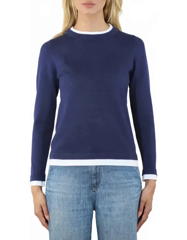 Double Trim Long Sleeve Crew Pullover Sweater