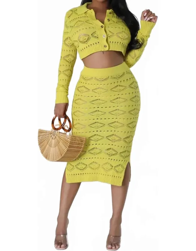 Matching Knit Button Down Top And Midi Skirt Set