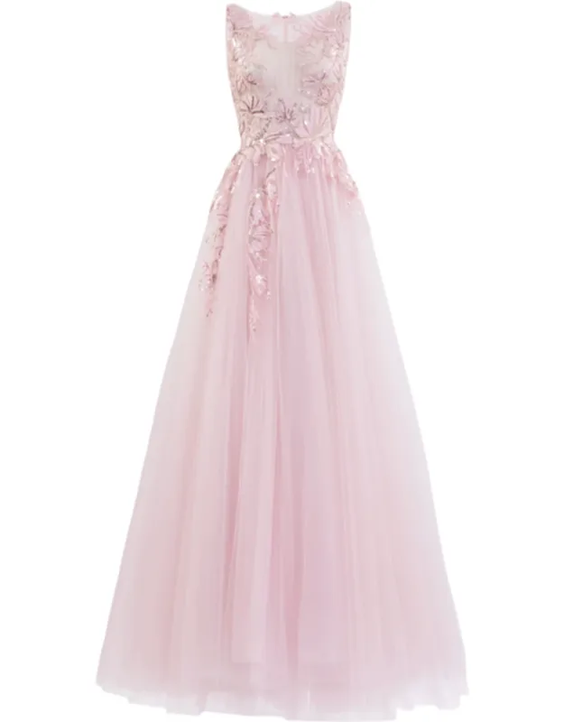 Dandelion-embroidered Tulle Evening Dress