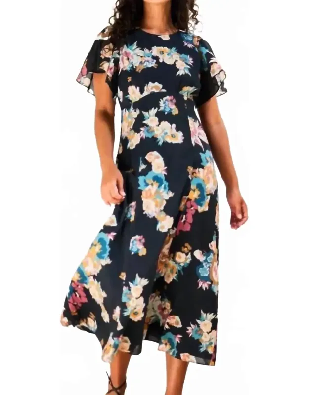 Elan Midi Dress With Floral Detailing And Flutter Sleeves