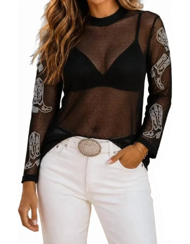 Rhinestone Cowboy Boot Mesh Top