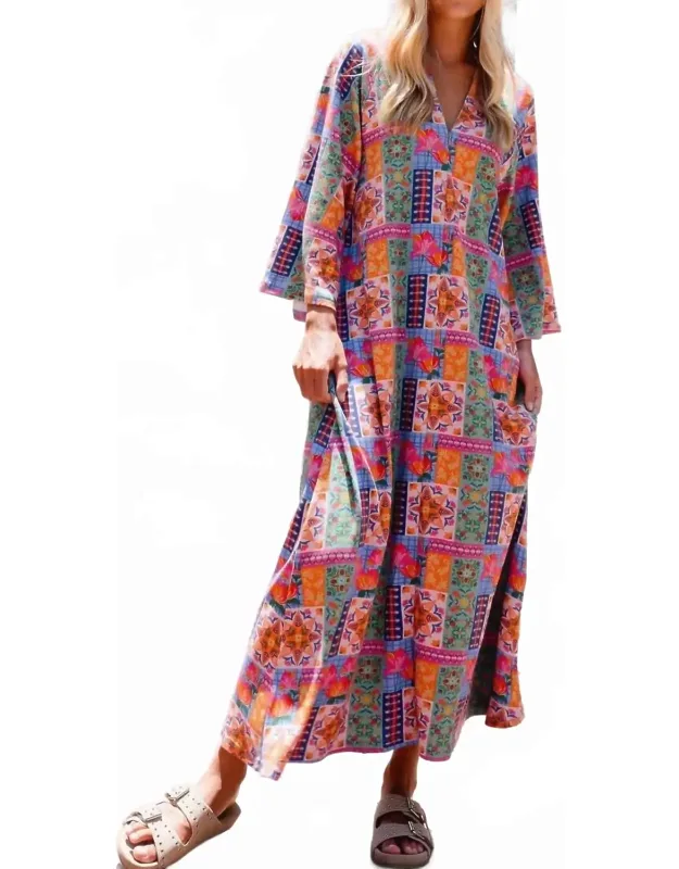 Eleanor Maxi Dress - Relaxed V-neck, Quilt-pattern Floral Design