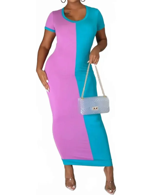 Surprise Me Short Sleeve Color Block Fitted Midi Dress