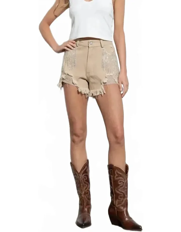 Distressed Frayed Detail Fringe Rhinestone Denim Shorts