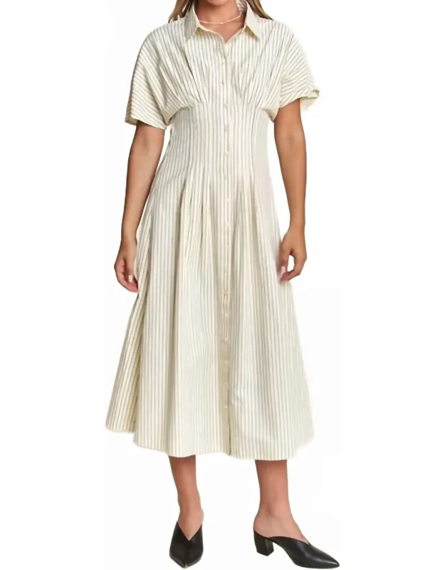 Pleated Button Front Midi Dress