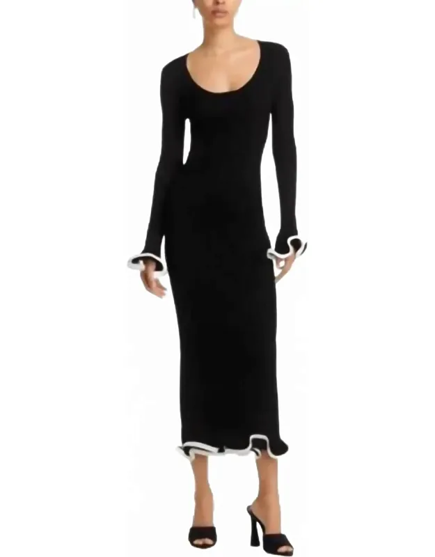 Ribbed Knit Ruffle Midi Dress