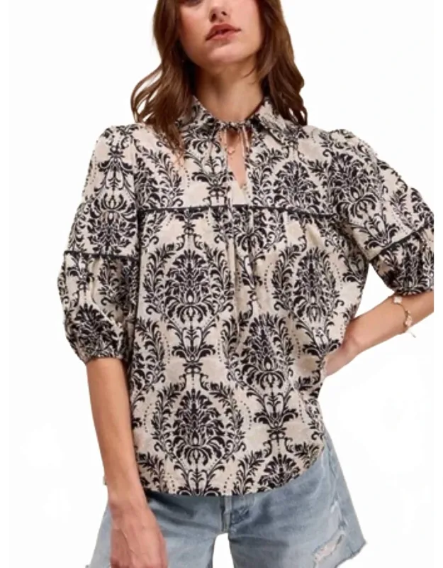 Woven Novelty Printed Top With Wave Trim Detail