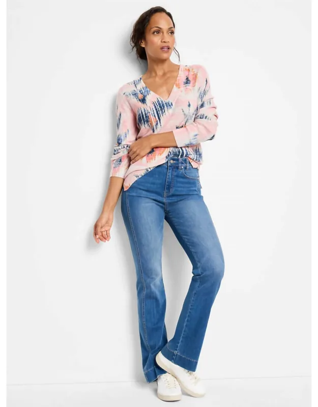 Alivia Abstract Floral Waffle Stitch V-neck Sweater