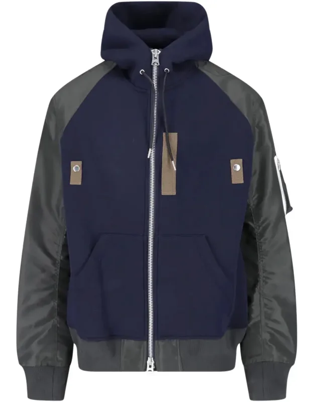 Hooded Bomber Jacket In Technical Fabric With Zip Closure