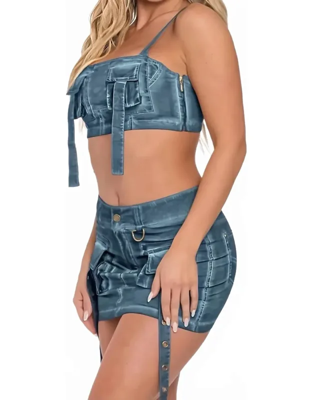 Matching Cargo Detail Denim Print Mini Skirt Set