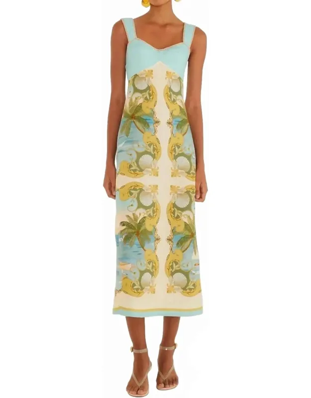 Royal Sea Maxi Dress In Multicolor Print With Quilted Bodice And Sweetheart Neckline