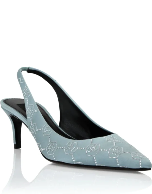Satin Slingback Low Heels With Monogram Strass