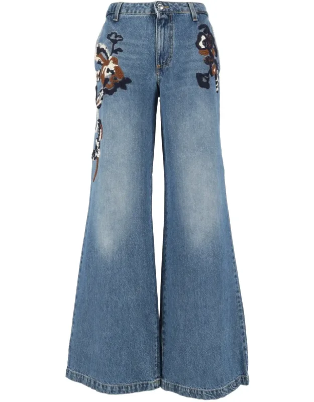 High-waisted Floral Applique Wide-leg Jeans