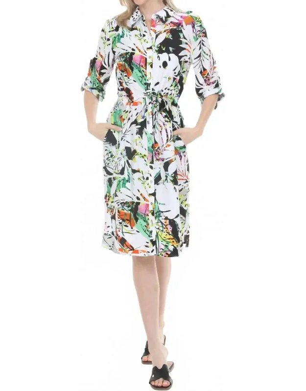 Tropical Drawstring Waist Shirt Dress