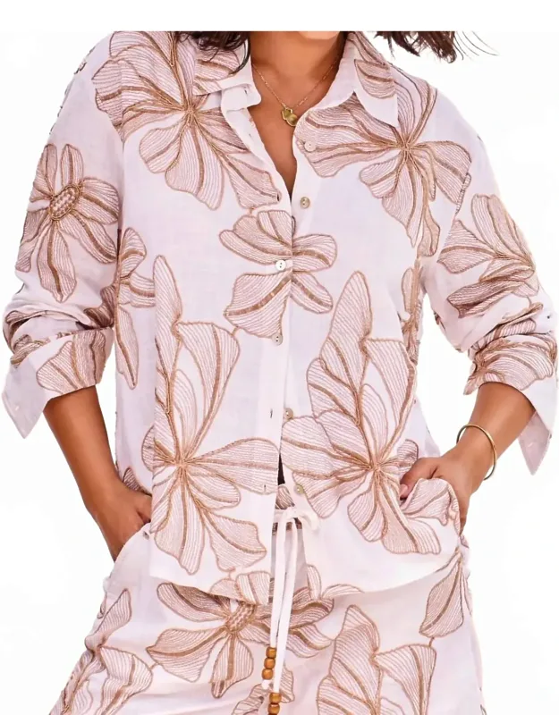 Long Sleeve Button Front Print Top