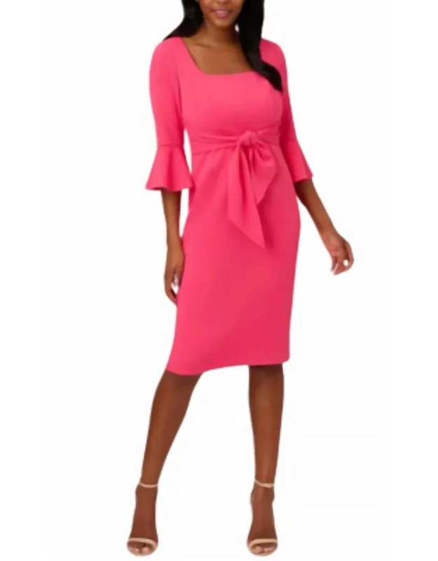 Stretch Knit Crepe Tie-front Midi-length Sheath Dress