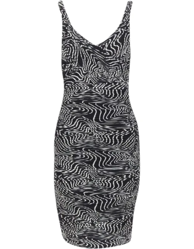 Silk Swirl Print Ruche Pleated Cocktail Dress