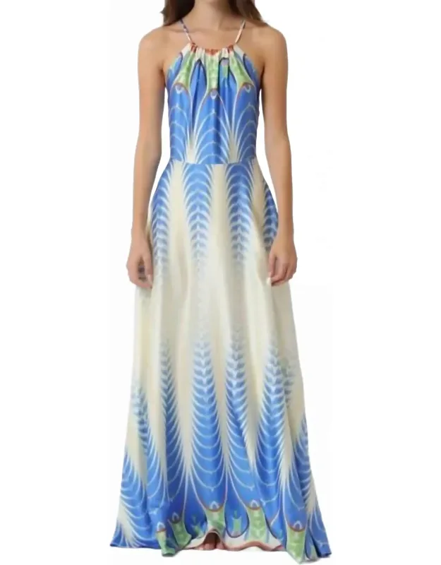 Satin Border Print Halter Maxi Dress