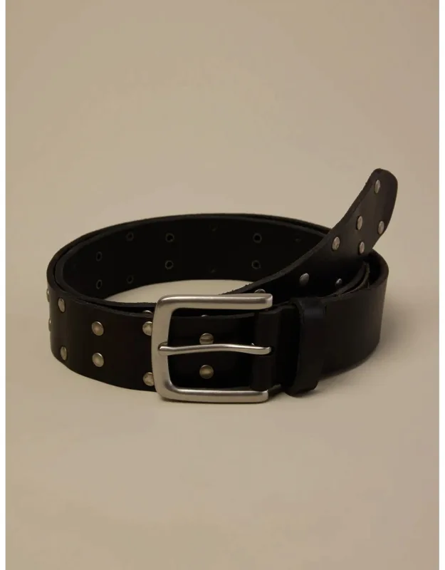 Leather Studd Belt With Silver-tone Studs And Matching Square Buckle