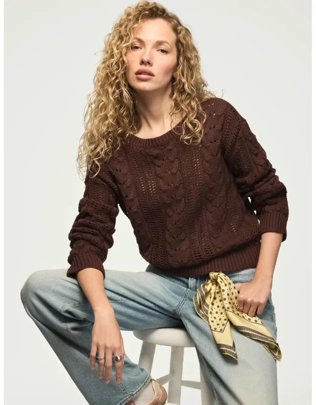 Open Cable Crew Neck Sweater