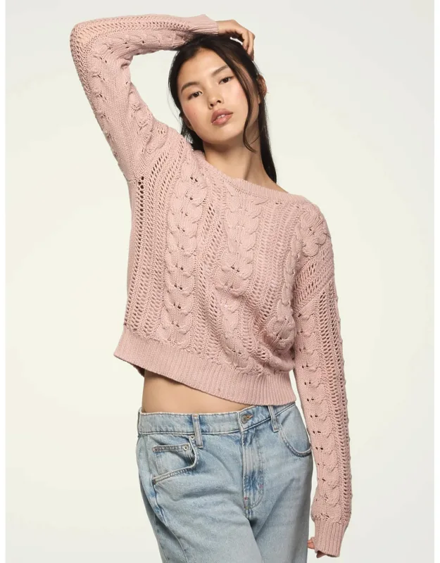 Open Cable Crew Neck Sweater
