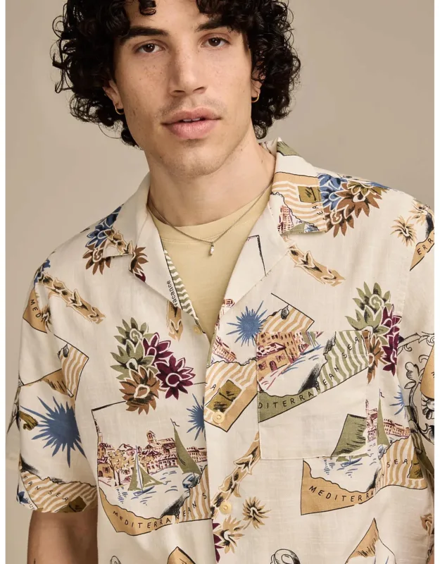 Postcard Print Camp Collar Short Sleeve Shirt