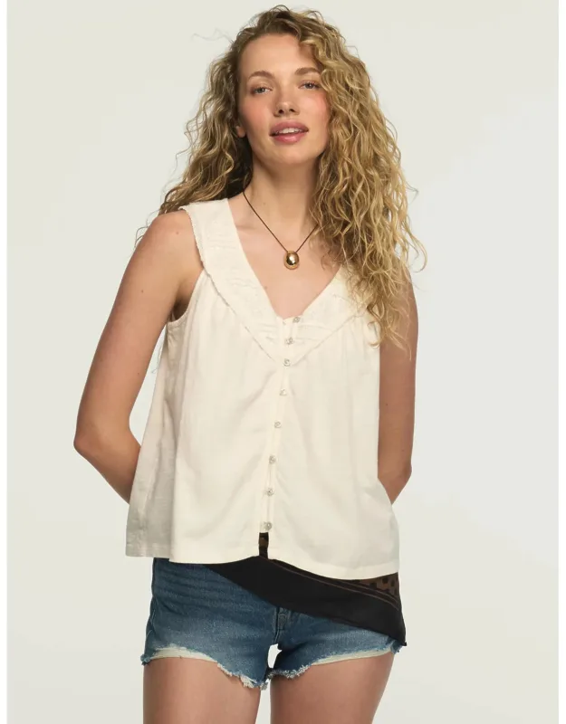 Lace Yoke V Neck Top With Button-and-loop Front And Sleeveless Design