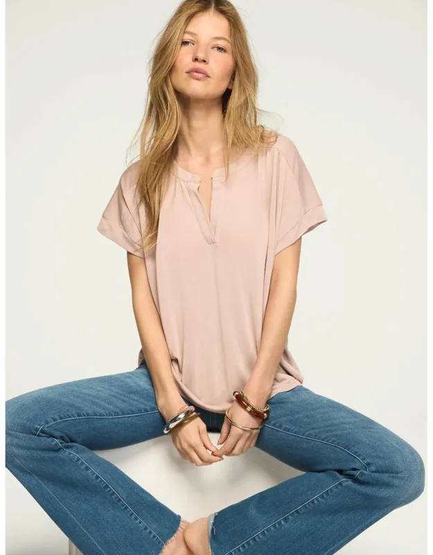 Sandwash Notch Neck Dolman Tee With Shirred Back And Curved Hem