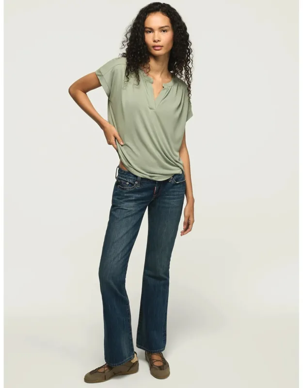 Sandwash Notch Neck Dolman Tee With Shirred Back And Curved Hem