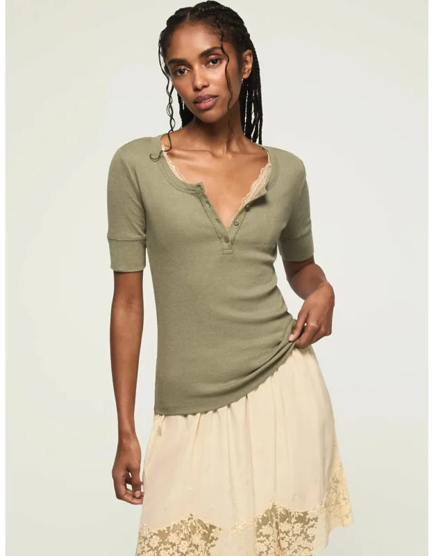 Short Sleeve Henley Tee With Scoop Neck And Button Placket