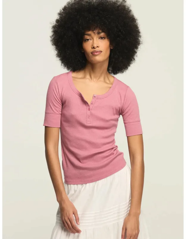 Short Sleeve Henley Tee With Scoop Neck And Button Placket