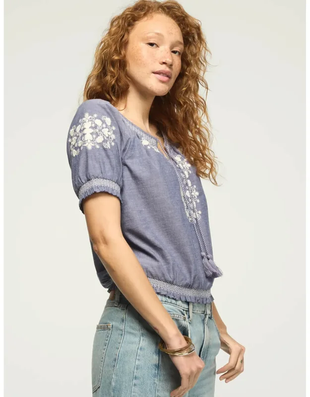 Embroidered Short Sleeve Bubble Top