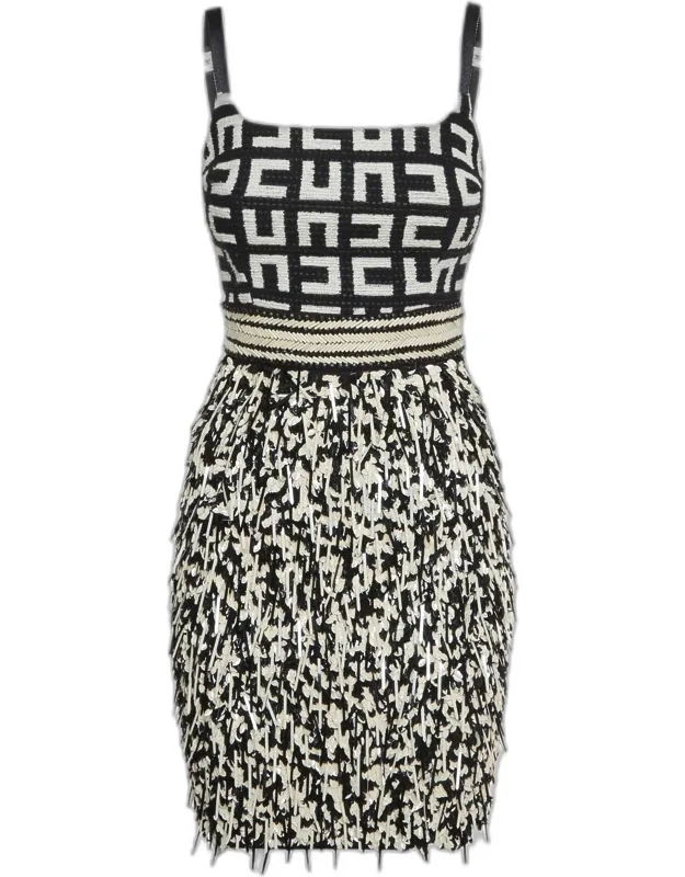 Monochrome Monogram Tweed Fringed Mini Dress