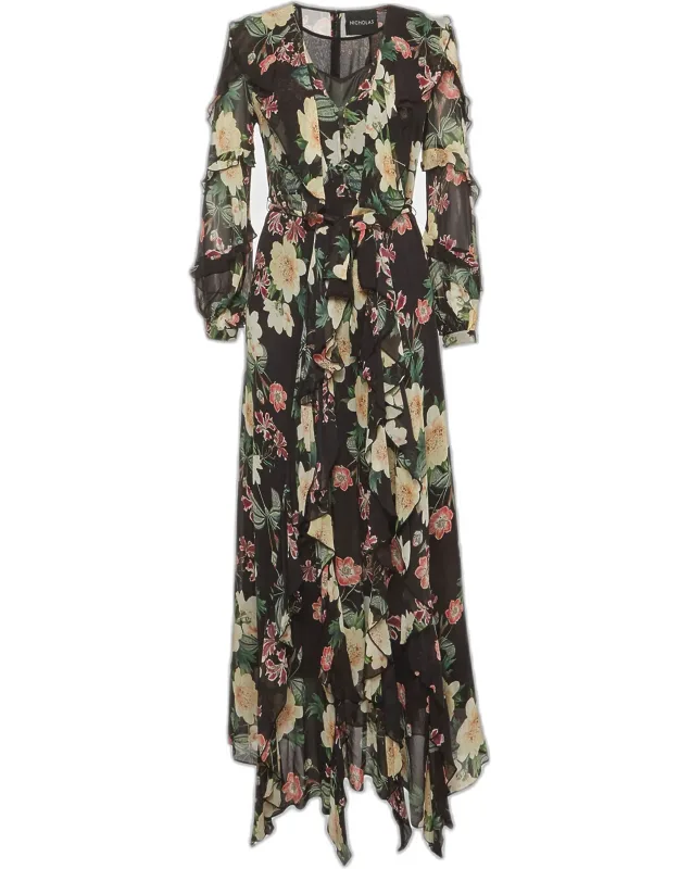 Floral Print Chiffon Ruffle Maxi Dress