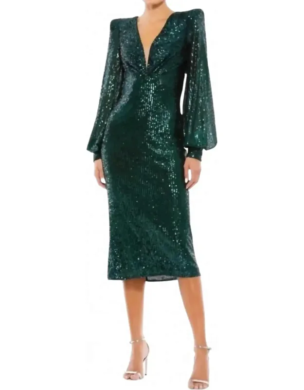 Sequin Mesh Plunge Midi Dress