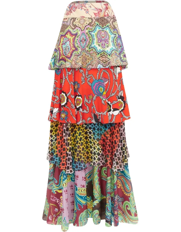 Tiered Paisley Patchwork Silk Skirt