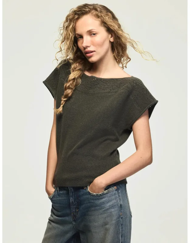 Chenille Boat Neck Sweater Tee With Pointelle Yoke And Ribbed Hem
