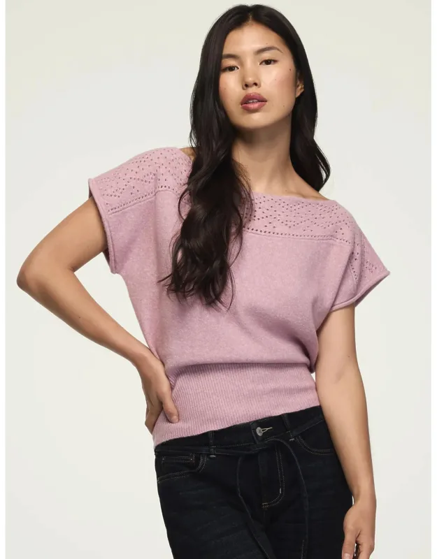 Chenille Boat Neck Sweater Tee With Pointelle Yoke And Ribbed Hem