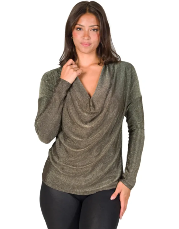 Cowl Neck Long Sleeve Shimmery Fabric Top