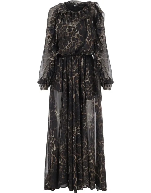 Animal Print Midi Dress With Sheer Sleeves And Ruffle Details