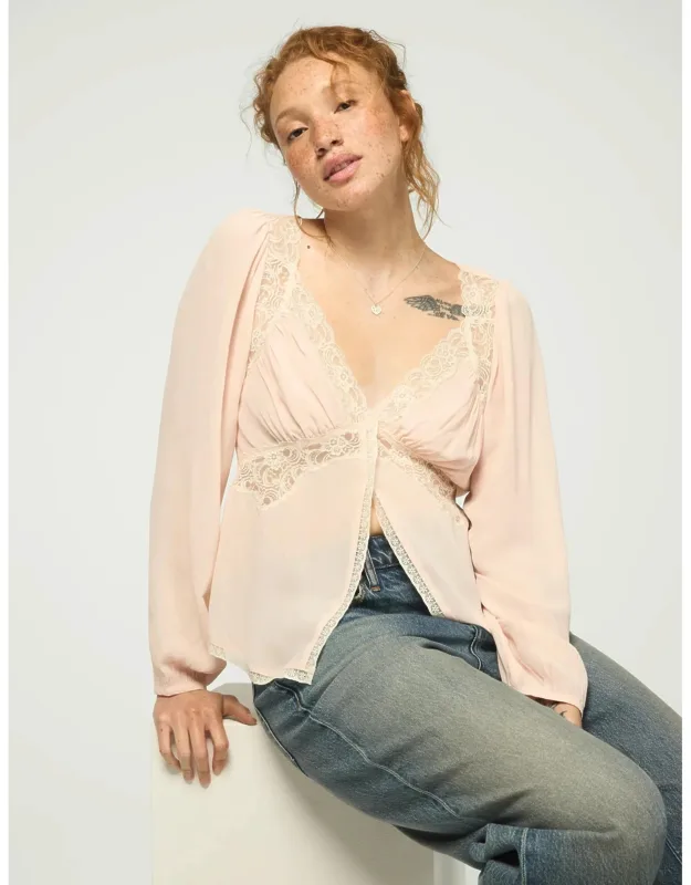 Long Sleeve Lace Cutaway Top