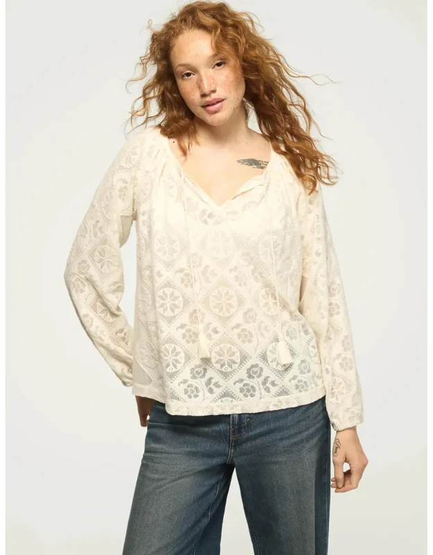 Long Sleeve Lace Peasant Top