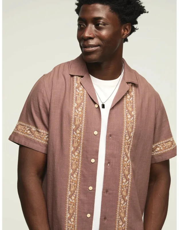 Lucky Brand Embroidered Camp Collar Shirt With Lay-flat Collar And Side-slit Hem