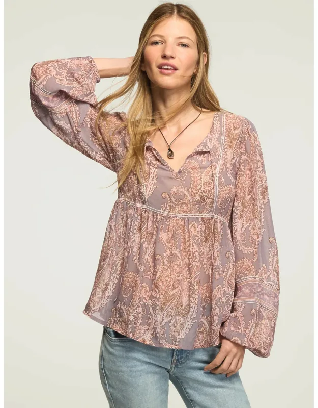 Long Sleeve Paisley Print Mix Peasant Top