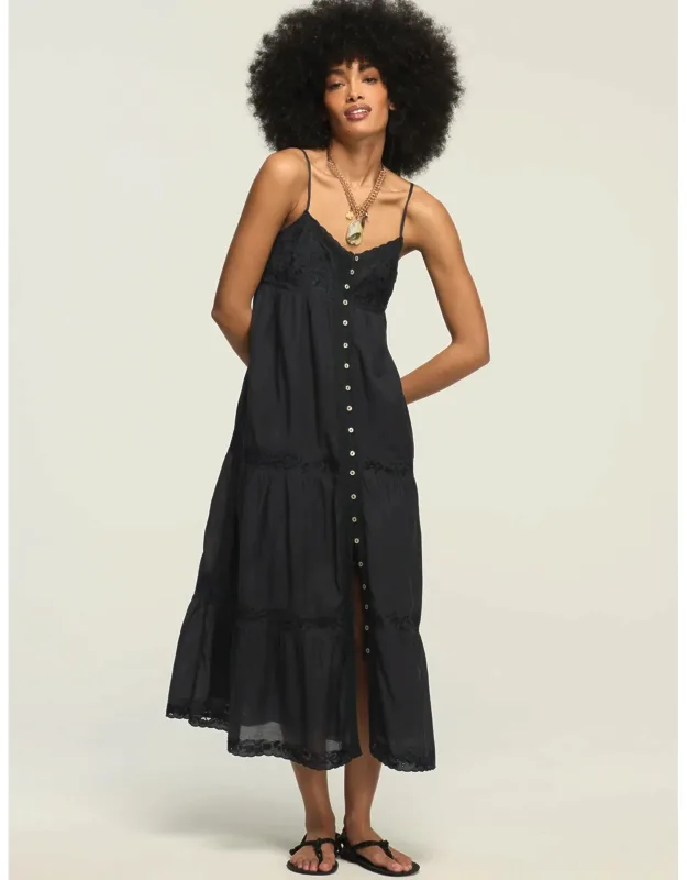 Embroidered Tiered Button Through Midi Dress